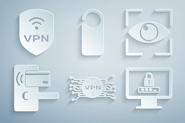 Set VPN with microchip circuit, Eye scan, Digital door lock wireless, Monitor password, Please not disturb and Shield icon. Vector