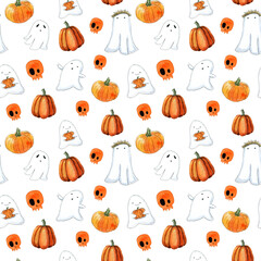 Halloween wallpaper, seamless pattern for gift wrapping paper or party design. Cartoon cute ghosts, pumpkins, skulls, watercolor hand-drawn illustration Isolated on white background.