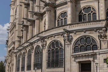 Architectural fragments of Paris Saint-Eustache church (Eglise Saint Eustache, 1532 - 1637). Saint-Eustache church located in Les Halles (market) area of Paris. UNESCO World Heritage Site. France.