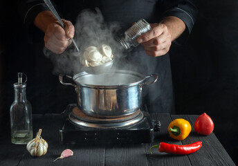 Professional chef prepares dumplings in a saucepan in restaurant kitchen. Close-up - the hands of the cook add salt