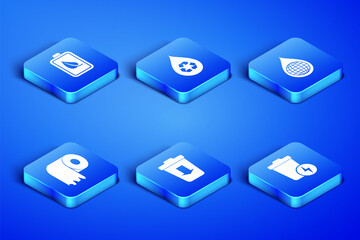 Set Lightning with trash can, Eco nature leaf and battery, Send to the, Toilet paper roll, Recycle clean aqua and Earth planet water drop icon. Vector