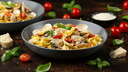 White shell clams in Garlic and parsley white wine sauce tagliatelle pasta served with cherry tomatoes and parmesan cheese