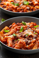 Traditional Italian Pasta e fagioli with bean, tomato and parmesan cheese