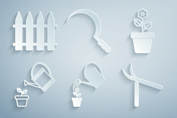 Set Watering can, Flower pot, Gardening handmade scissor, Sickle and fence icon. Vector
