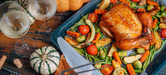 romantic dinner for two of baked chicken and baked vegetables