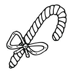hand drawn candy cane with bow in doodle style