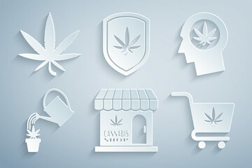 Set Marijuana and cannabis store, Head in profile with marijuana, Watering, Shopping cart, Shield and leaf icon. Vector