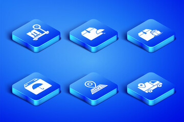 Set Delivery tracking, Scale with cardboard box, Placeholder on map, package umbrella, and Cargo ship boxes icon. Vector