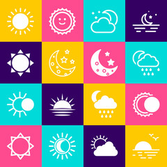 Set Sunset, Eclipse of the sun, Cloud with rain and moon, stars, Moon, and icon. Vector
