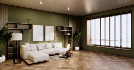 Cabinet shelves on Green wall design room with decoration ,lamp,plants,carpet, sofa.3D rendering
