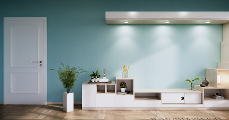 Cabinet shelves on mint wall design room.3D rendering