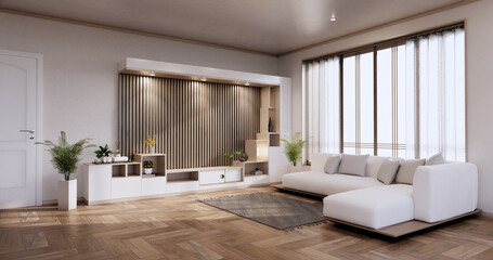 Fototapeta na wymiar Cabinet shelves on wall design room with decoration ,lamp,plants,carpet, sofa.3D rendering