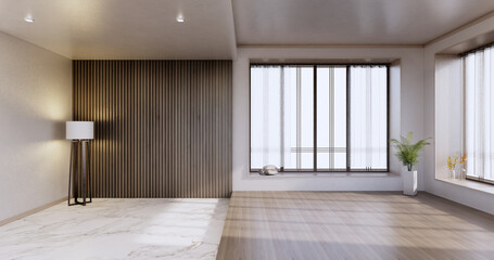 New - Empty room, modern japanese wooden interior, vintage - tropical style .3d rendering.