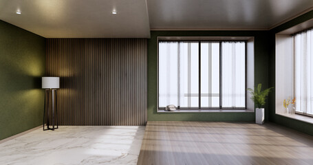 Green Empty room, modern japanese wooden interior, vintage - tropical style .3d rendering.