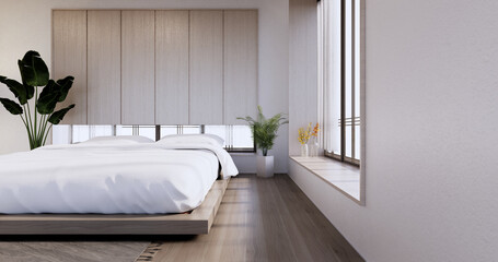 Bedroom japanese minimal style.,Modern white wall and wooden floor, room minimalist. 3D rendering