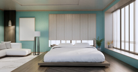 Interior, mock up with zen bed plant and decoartion in japanese cyan bedroom. 3D rendering.
