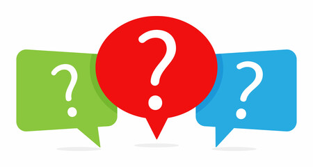 Set of three colored speech bubble, Message box with question mark icon. Vector flat design