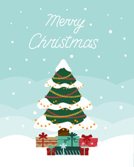 Fototapeta premium Christmas card fir tree in the snow with gifts
