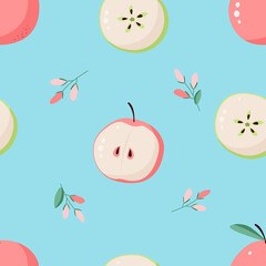 Simple seamless pattern with fruits. Pattern from red and green apples on a blue background. Slices of apples and flowers with leaves. Juicy summer pattern for a dress