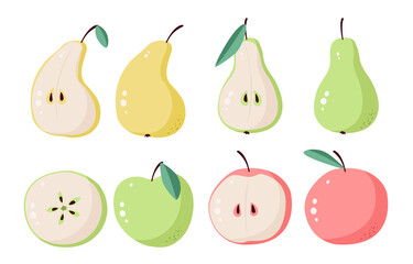 Set of vector fruits - apples and pears. Sweet summer food, green and red apples, yellow pears. Vitamins, fruits are drawn in flat style. Sectional fruit, apple wedge with seeds. Half pear