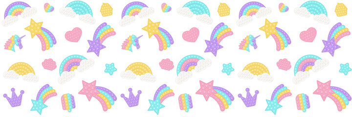 Pop it background as a fashionable silicon fidget toys. Addictive anti-stress toy in pastel colors. Bubble popit background with rainbow, star, unicorn, heart, shell. Vector illustration wide format. - obrazy, fototapety, plakaty