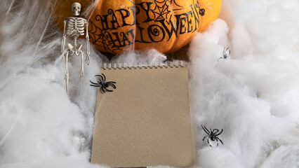 human skeletons on the background of spiders and cobwebs with a place for text, the concept of...