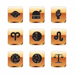Set Monkey zodiac, Planet Earth, Eclipse of the sun, Aries, Palmistry hand, Libra and Astronomical observatory icon. Vector