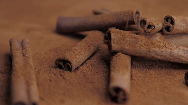 cinnamon sticks falling into powdered cinnamon slow motion 