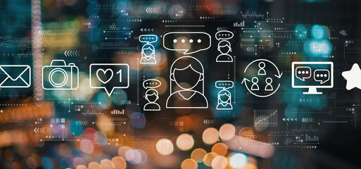 Social media theme with blurred city abstract lights background