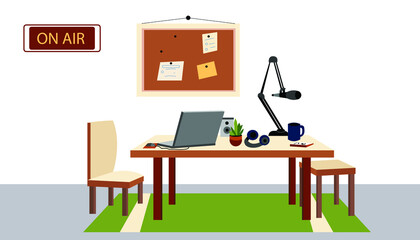 Podcast room. Sound recording room. Vector cartoon illustration