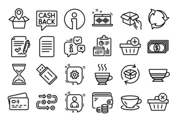 Vector set of Music making, Cafe creme and Add purchase line icons set. Calendar report, Money wallet and Credit card tag. Mocha, Payment and Espresso icons. Vector