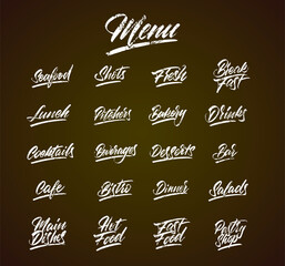 Fototapeta na wymiar Chalk lettering menu on black chalkboard ka idea for cafes, bistros, restaurants. Vector illustration.