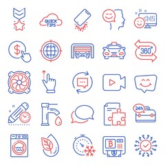 Technology icons set. Included icon as Touchscreen gesture, 24h service, Video camera signs. Organic product, Seo internet, Update comments symbols. Messenger, 360 degree, Security network. Vector