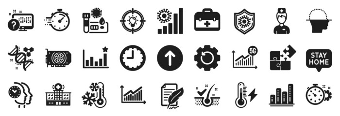 Set of Science icons, such as Stay home, Doctor, Chemistry dna icons. First aid, Electricity power, Graph signs. Online quiz, Efficacy, Hospital building. Time management, Gpu, Timer. Idea. Vector