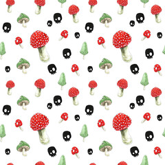 Halloween mushroom seamless pattern for gift wrapping paper, wallpaper design. Cartoon magical mushrooms fly agarics, skulls, watercolor hand-drawn colourful background.