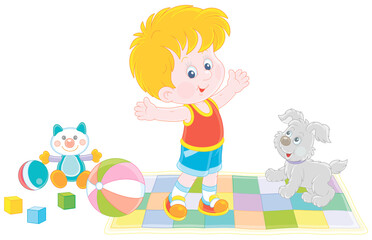 Happy little boy and his merry pup doing gymnastic exercises on a color carpet with funny toys in a nursery room, vector cartoon illustration isolated on a white background