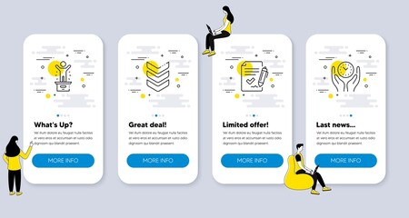 Set of Education icons, such as Shoulder strap, Winner podium, Approved agreement icons. UI phone app screens with people. Safe time line symbols. Army rank, First place, Signature document. Vector