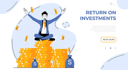 Return on investment Banner Template. Investment Strategy, income growth, budget planning, mutual fund, pension savings account, interest rate vector flat concept. - obrazy, fototapety, plakaty