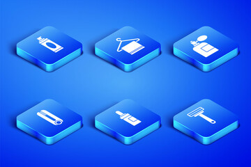 Set Shaving razor, gel foam, Beard and mustaches care oil bottle, Curling iron for hair, Towel hanger and Aftershave with atomizer icon. Vector