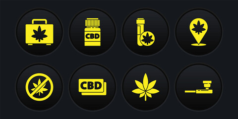 Set Stop marijuana or cannabis leaf, Location and, Cannabis molecule, Marijuana, Chemical test tube with, Medical bottle, Smoking pipe and Shopping box of icon. Vector