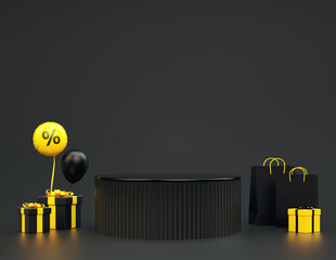 Online shopping elegant dark podium platform for product presentation on a dark background. Black Friday concept with gift boxes and yellow stuff in 3D rendering