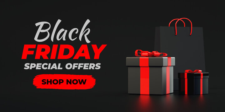 Black Friday sale dark background with gift boxes in realistic 3D rendering. Lettering text, special offer flyer and online shopping concept