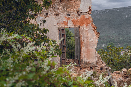 Ruins of abandoned house, with vegetation and undergrowth, on a gray and cloudy day. Dystopia concept