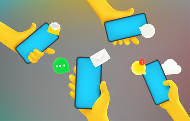 Group of people using smartphones to communicate. Comic 3d style vector illustration