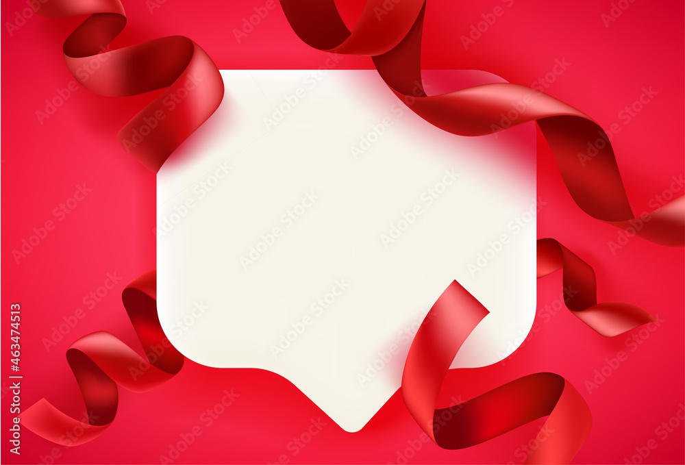 Poster blank white speech bubble with red ribbons. greeting card template with copy space