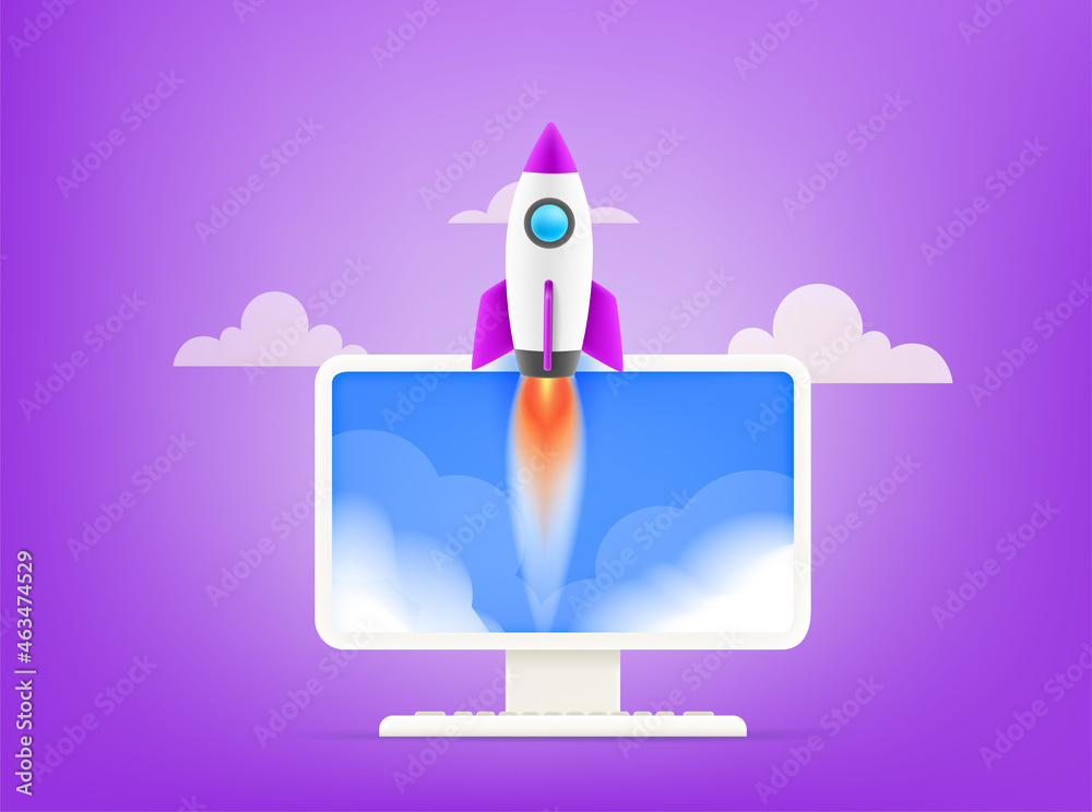 Poster Start up your business concept. Begin business vector illustration with rocket and computer