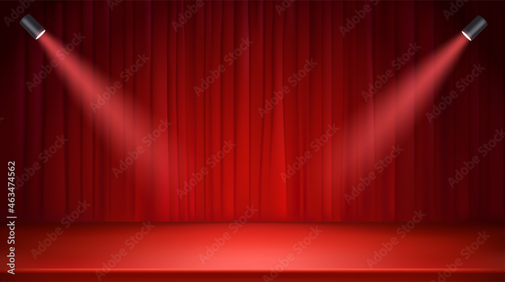 Poster bright stage with red curtains and spotlights. 3d style realistic vector illustration
