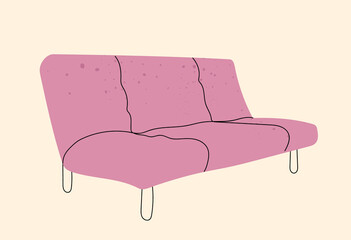 Bright, pink, modern colorful comfortable sofa. Upholstered furniture for rest and relaxation. Interior decoration, interior design. Vector illustrations drawn by hand. Isolated illustration