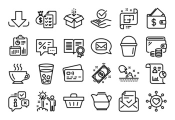 Vector set of Coffee, Architectural plan and Skin moisture line icons set. Calendar report, Money wallet and Credit card tag. Discounts, Approved mail and Diploma icons. Vector