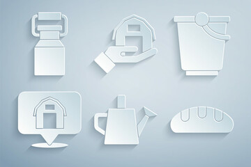 Set Watering can, Bucket, Location farm house, Bread loaf, Farm hand and Can container for milk icon. Vector